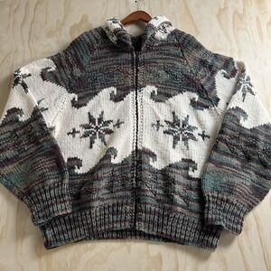 Fair Isle Sweater Mens XL Multicolor Hooded Full Zip Chunky Knit Cardigan